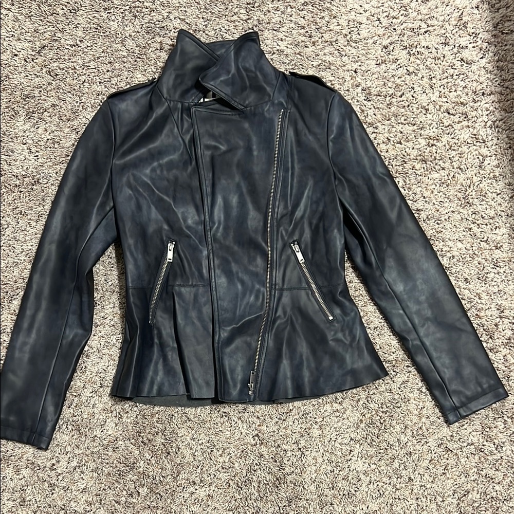 Anthropologie Gray Leather Jacket Fitted Style High Collar